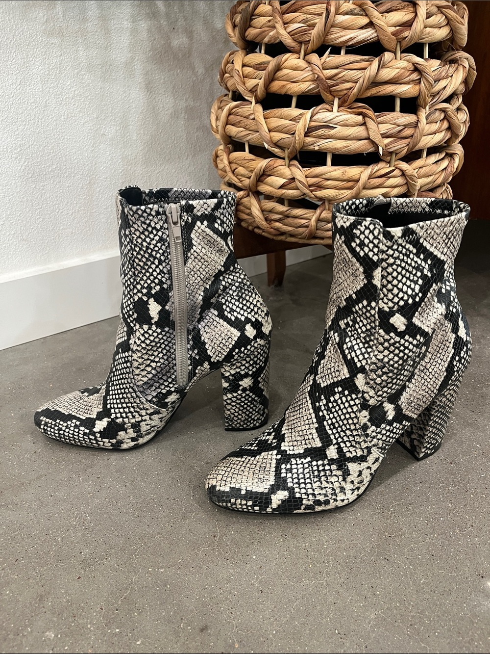 Aldo Black & White Snake-Print Ankle Boots